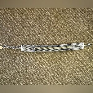 Stella & Dot silver, gold, navy, “marcasite” bead bracelet 7”-8.” New condition.